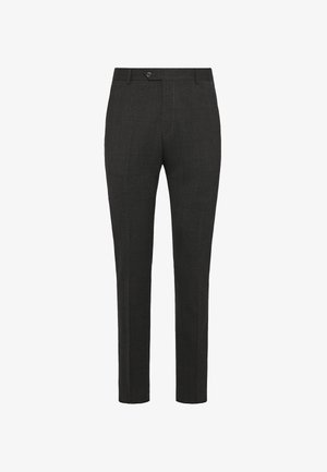 Tmavošedé zakázkové nohavice vyrobené z textúrovaného materiálu. Majú zapínanie na gombík a štíhly strih s rovnými nohavicami.