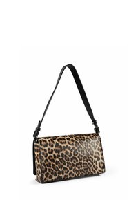 Handtasche mit Leopardenmuster in rechteckiger Form, aus synthetischem Material, mit einem schwarzen Schulterriemen und elegantem Finish.