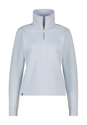 Lichtblauwe kwart-zip trui met lange mouwen. Gemaakt van zachte stof, heeft een hoge kraag en geribde manchetten. Eenvoudig ontwerp, geen patronen of accenten.