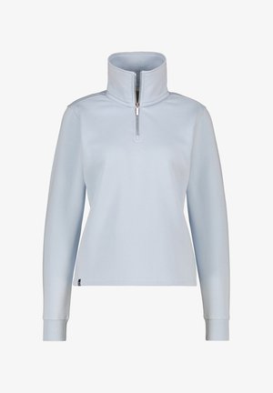 Helles blaues Viertelreißverschluss-Pullover mit langen Ärmeln. Aus weichem Stoff, mit hohem Kragen und gerippten Bündchen. Einfaches Design, keine Muster oder Akzente.