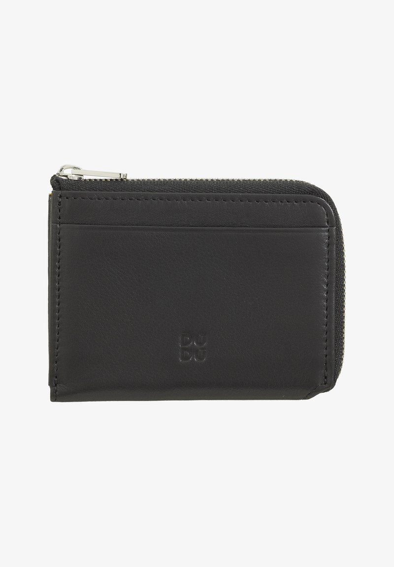 Black leather wallet featuring a zip closure, card slots, and a textured surface. Subtle logo embossed on the front. Compact rectangular design.