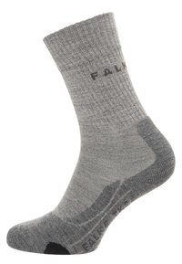Calcetín de mezcla de algodón gris con textura acanalada, con refuerzo en el talón y en la puntera. Presenta el nombre de la marca impreso en gris oscuro en el puño.
