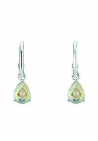 Söljhoops med en päronformad, fasetterad grön och gul kristallpendel, som visar en genomskinlig textur och reflekterande yta.