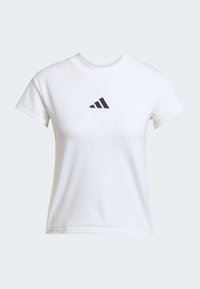 Balts īsām piedurknēm T-krekls no kokvilnas ar apaļu dekoltē, ar melnu Adidas logo uz krūtīm. Gluda tekstūra, regulāra piegriezuma.