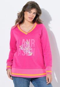 Felpa rosa con scollatura a V, caratterizzata da una grafica di aragosta e testo. Accentuata da strisce gialle sul colletto e sui polsini.