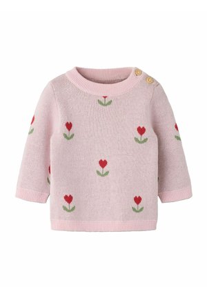 Pull bébé rose clair avec motifs de tulipes rouges, feuilles vertes, col et poignets côtelés, et deux boutons en bois sur l'épaule gauche.