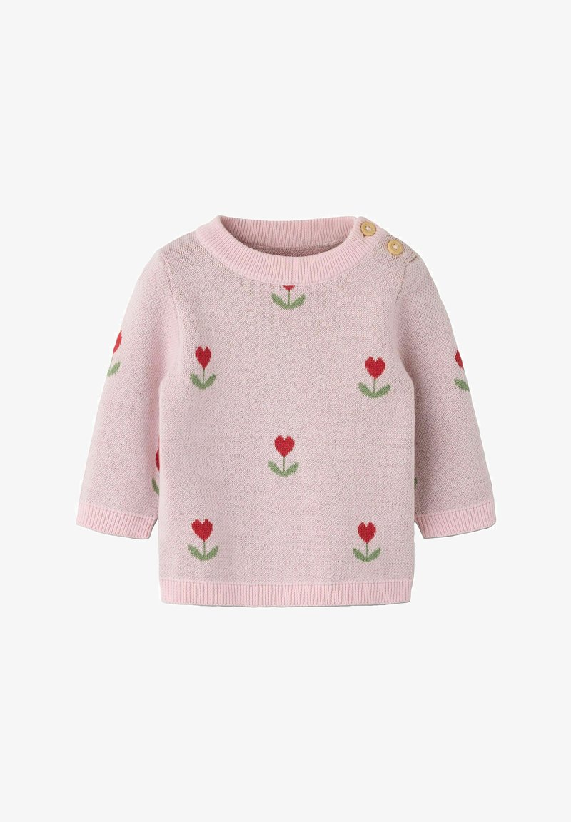 Pull bébé rose clair avec motifs de tulipes rouges, feuilles vertes, col et poignets côtelés, et deux boutons en bois sur l'épaule gauche.