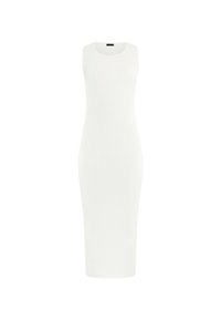 Vestido midi blanco sin mangas, de trama acanalada, con una silueta ajustada y escote redondo. Textura suave, sin patrones o acentos notables.
