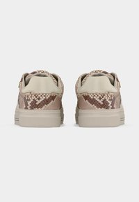 Paire de baskets beige avec motif peau de serpent marron sur les talons, vue de dos sur fond blanc.