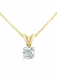 Złoty naszyjnik z okrągłym diamentowym wisiorkiem zawieszonym na smukłym, V-kształtnym uchwycie. Łańcuszek jest delikatny, z równomiernie rozmieszczonymi ogniwami.