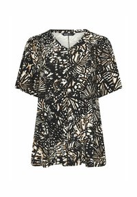 Blusa corta nera e crema a maniche corte con scollo a V, caratterizzata da un motivo a farfalle e fiori. Tessuto morbido, vestibilità comoda e orlo asimmetrico.