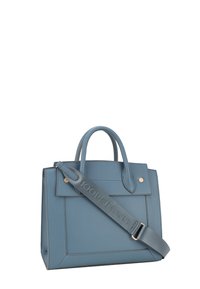 Modra usnjena torbica z dvema ročkoma, odstranljivim ramenskim trakom in kontrastnimi šivi. Ima zapiranje na pritisni gumb in trak z logotipom.