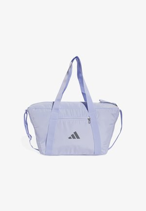 Borsone lilla chiaro realizzato in nylon, con due manici corti, spallacci regolabili, tasca frontale con zip e logo grigio.