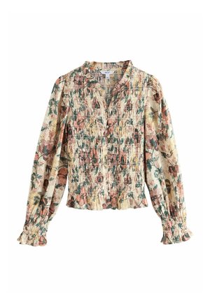 Bluzka w kwiaty z długim rękawem, z marszczonym gorsetem, falbankami na mankietach i stonowanymi odcieniami różu, zieleni oraz żółci na kremowym tle.