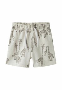 Shorts pour enfants en tissu gris clair avec un motif de girafes répété en marron foncé. Taille élastique avec un cordon de serrage.