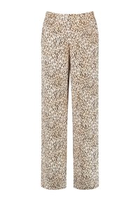 Pantalon en imprimé léopard avec une coupe relax, présentant une base beige et des lignes abstraites noires. Taille élastique pour un enfilage facile.