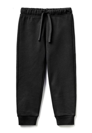 Zwarte joggingbroek met elastische tailleband, trekkoord en geribbelde manchetten, plat gelegd op een witte achtergrond.