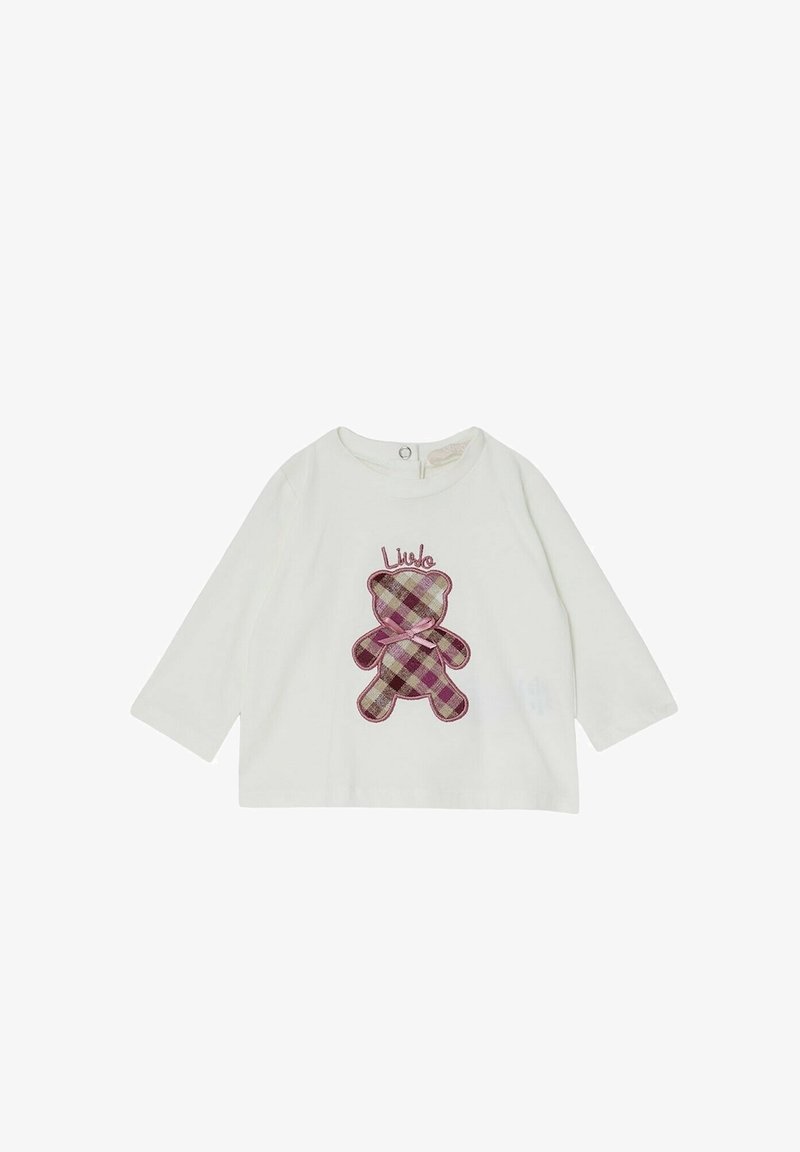 Witte lange mouwen shirt met een plaid teddybeer ontwerp in roze en bruin, met de tekst "Liub" boven de beer. Zacht katoenmateriaal.