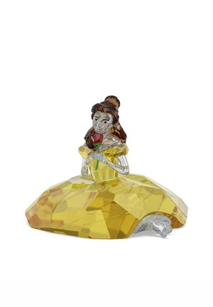 Kristallen figuur van een vrouw in een gele, facetgeslepen jurk, die een rode roos vasthoudt. Heeft heldere accenten en een gedetailleerde gezichtsuitdrukking.