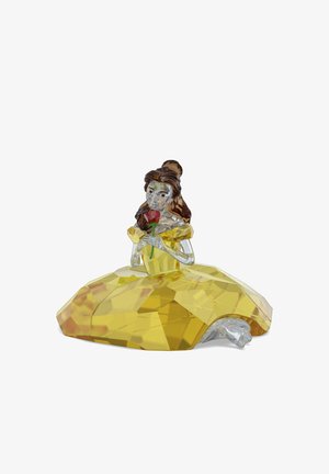 Statuetta di cristallo raffigurante una donna in un abito giallo sfaccettato, che tiene una rosa rossa. Presenta dettagli nitidi e un'espressione facciale dettagliata.