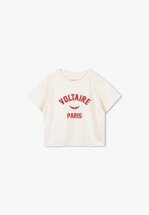 Crème kleurige crop t-shirt met korte mouwen, voorzien van opvallende rode tekst "VOLTAIRE PARIS" en een vleugelgraphic. Gemaakt van zachte katoen met een ontspannen pasvorm.