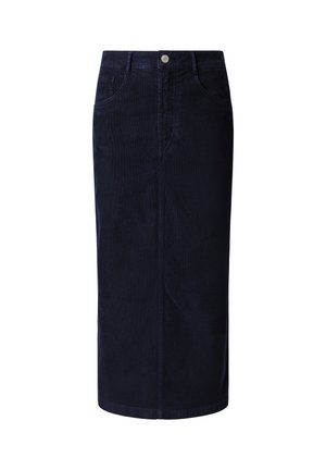 Dunkel marineblauer Cord-Midirock mit Eingrifftaschen vorne, Gürtelschlaufen und Knopfverschluss in der Taille, auf weißem Hintergrund dargestellt.