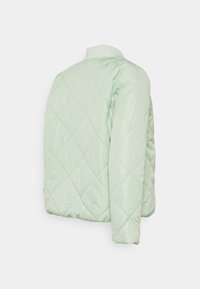 Casaco puffer acolchoado em verde menta claro, com colarinho redondo e tecido liso, brilhante e de textura suave.