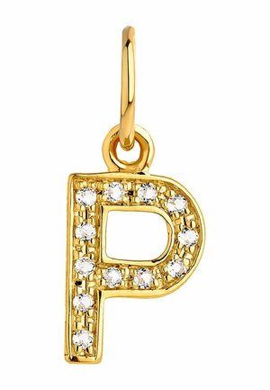 Colgante en tono dorado con la letra "P" adornada con rhinestones transparentes dispuestos en un patrón texturizado. Asa redondeada para su sujeción. Diseño brillante y decorativo.