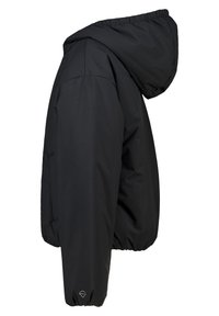 Black puffer jacket with a hood, featuring a smooth texture, elastic cuffs, and a slightly loose design, emphasizing warmth and comfort.