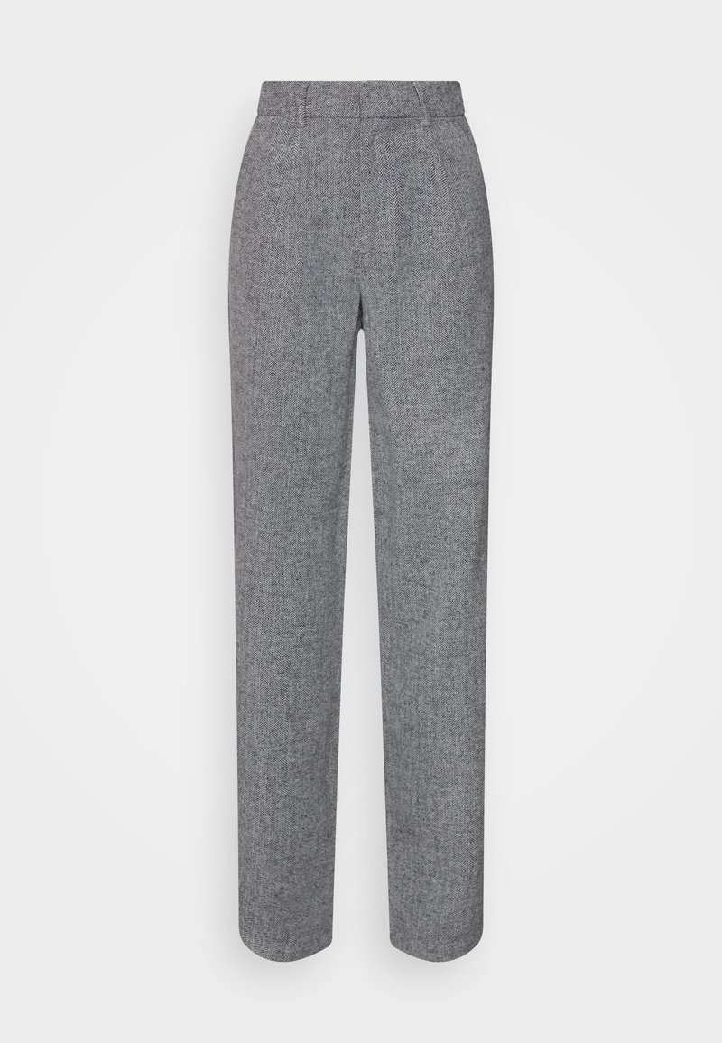 Pantalon gris taille haute à jambes droites avec un motif chevron subtil et une coupe ajustée.