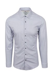 Herren-Longsleeve-Hemd mit kleinem blauen Kreis-Muster auf weißem Hintergrund, Spread-Kragen und dunklen Knöpfen.