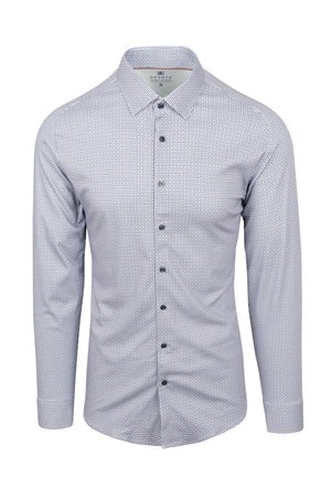 Heren overhemd met lange mouwen, knoopsluiting en een klein blauw cirkelpatroon op een witte achtergrond, met een gespreide kraag en donkere knopen.