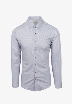 Herren-Longsleeve-Hemd mit kleinem blauen Kreis-Muster auf weißem Hintergrund, Spread-Kragen und dunklen Knöpfen.