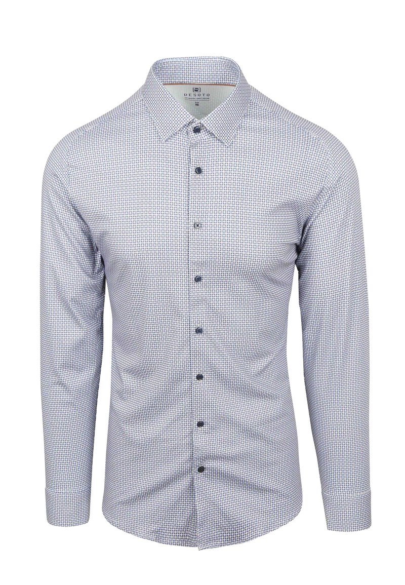 Herren-Longsleeve-Hemd mit kleinem blauen Kreis-Muster auf weißem Hintergrund, Spread-Kragen und dunklen Knöpfen.