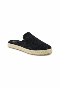 Black slip-on sandal with woven fabric upper and jute rope sole. Features a rounded toe and open back for easy wear.