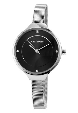 Black dial watch with silver mesh band, featuring a round stainless steel case and four crystal accents. Minimalist design and sleek texture.