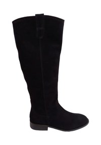 Botas de ante negras hasta la rodilla con suela plana, punta redondeada y una costura vertical decorativa que recorre la parte posterior. Textura suave.