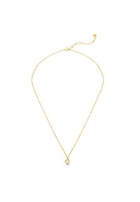 Kuldne kaelakee delikaatse kettiga, millel on ümmargune ripats selge kivi keskel. Reguleeritav pikkus.