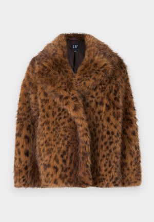 Brown faux fur jacket with leopard print, featuring a wide collar and a soft, textured surface. No visible fasteners or accents.