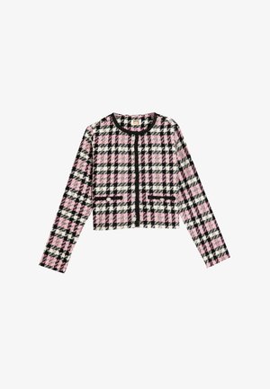 Verkorte cardigan in een zwart-wit-roze houndstooth patroon. Heeft lange mouwen, een ronde halslijn en knopen aan de voorkant met zakken.