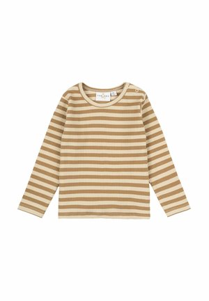 Langärmliges, geripptes Oberteil in beige und braunen Streifen. Verfügt über einen runden Ausschnitt mit zwei Druckknöpfen an der Schulter für ein einfaches Anziehen. Weiche Textur.