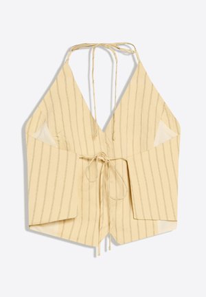 Sárga, pánt nélküli, vékony, függőleges csíkos, elöl megkötős crop top, könnyű anyagból készült.