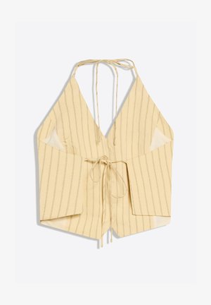 Sárga, pánt nélküli, vékony, függőleges csíkos, elöl megkötős crop top, könnyű anyagból készült.