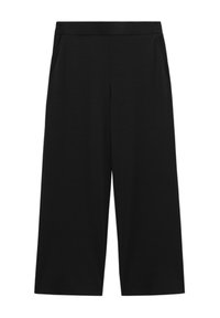 Zwarte wijde broek van een zacht materiaal, met een elastische tailleband. Gladde textuur zonder zichtbare patronen of hardware.
