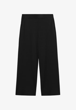 Zwarte wijde broek van een zacht materiaal, met een elastische tailleband. Gladde textuur zonder zichtbare patronen of hardware.