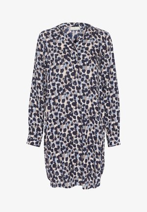 Langärmliges Tunika-Kleid mit blauem, schwarzem und beigem abstraktem Leopardenmuster und einem V-Ausschnitt mit Knöpfen.