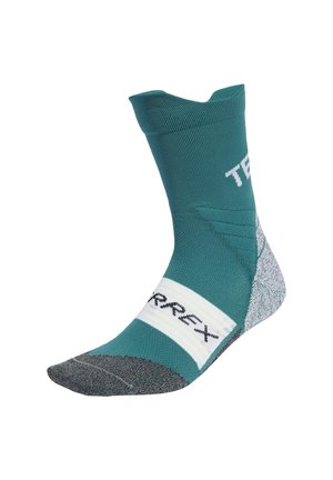 Teal ankle sock with textured gray heel and toe sections. Features white band with "TERREX" logo. Made from stretchy, durable material.