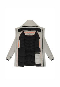 Pelēks izolēts mētelis ar melnu iekšpusi, kuru rotā quilting, oranža akcenta līnija uz atvēruma un vairāki iekšējie kabatas.