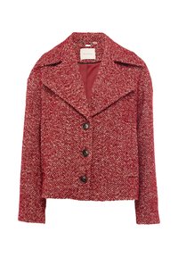 Giacca rossa con motivo houndstooth, con ampie rever, quattro bottoni neri e apertura frontale. Interno foderato di un colore uni.