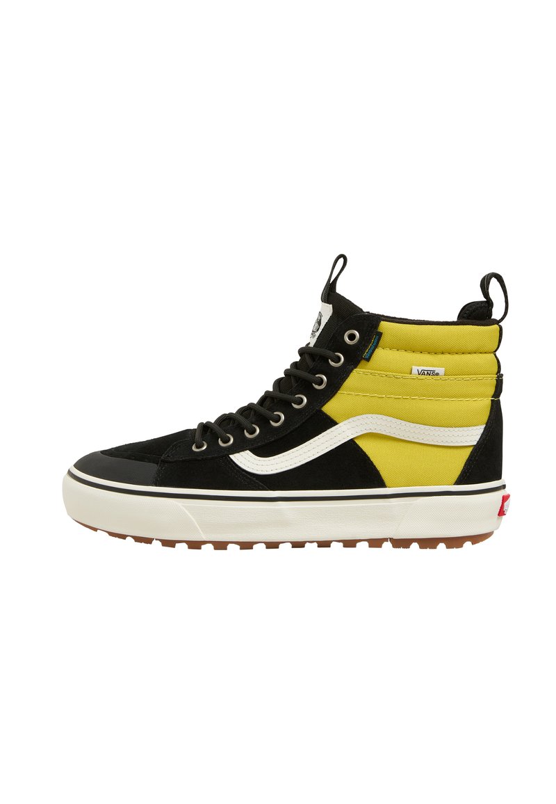 Black and yellow high-top sneakers with a suede and canvas upper, contrasting white side stripe, and rubber sole with grip pattern.